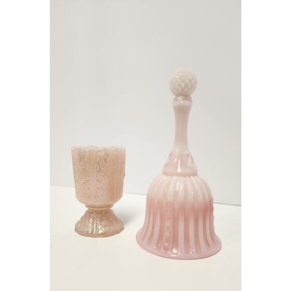Vintage Fenton Pink Opalescent Glass Bell & Goblet Set Iridescent Rose Colonial - Picture 2 of 12